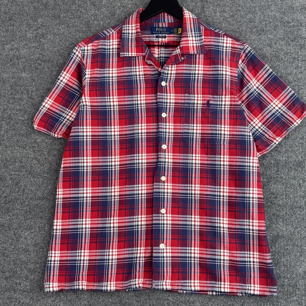 Polo Ralph Lauren Button Up Shirt Mens M Red Plaid Pocket Casual Short Sleeve